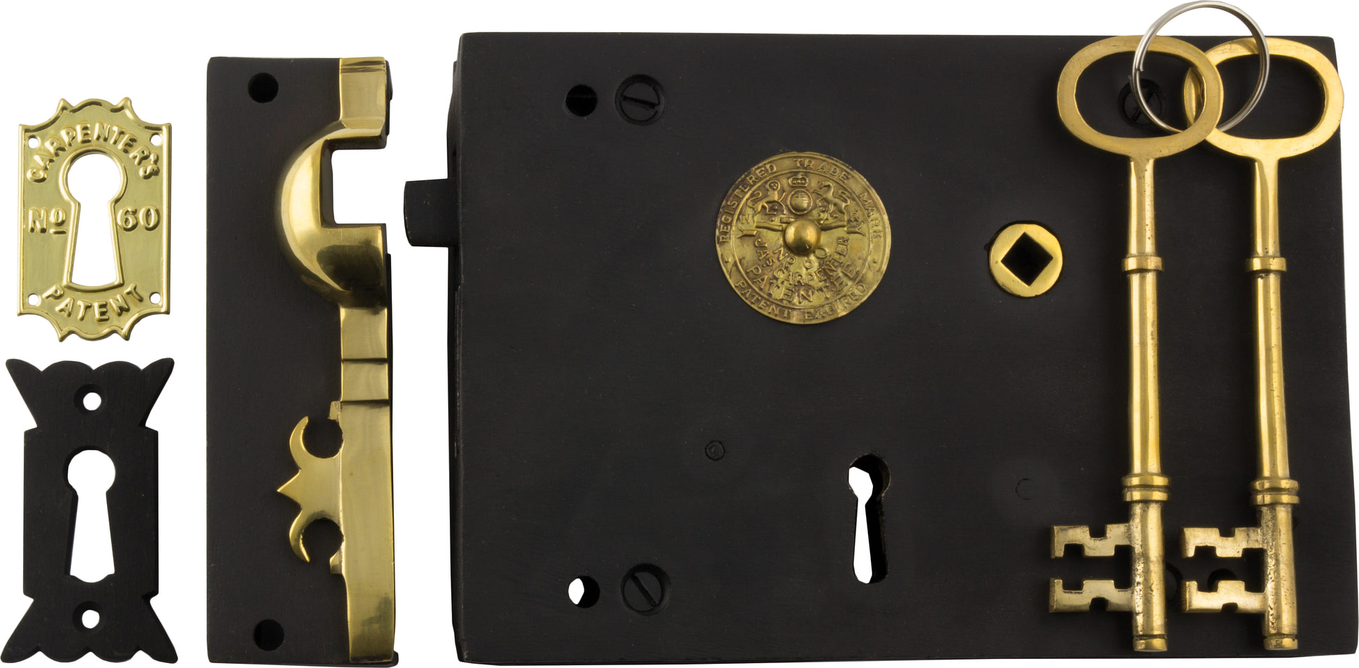 Rim Lock Carpenters Right Hand Unlacquered Brass Matt Black H128xW182mm Backset 116mm - Antique Finish