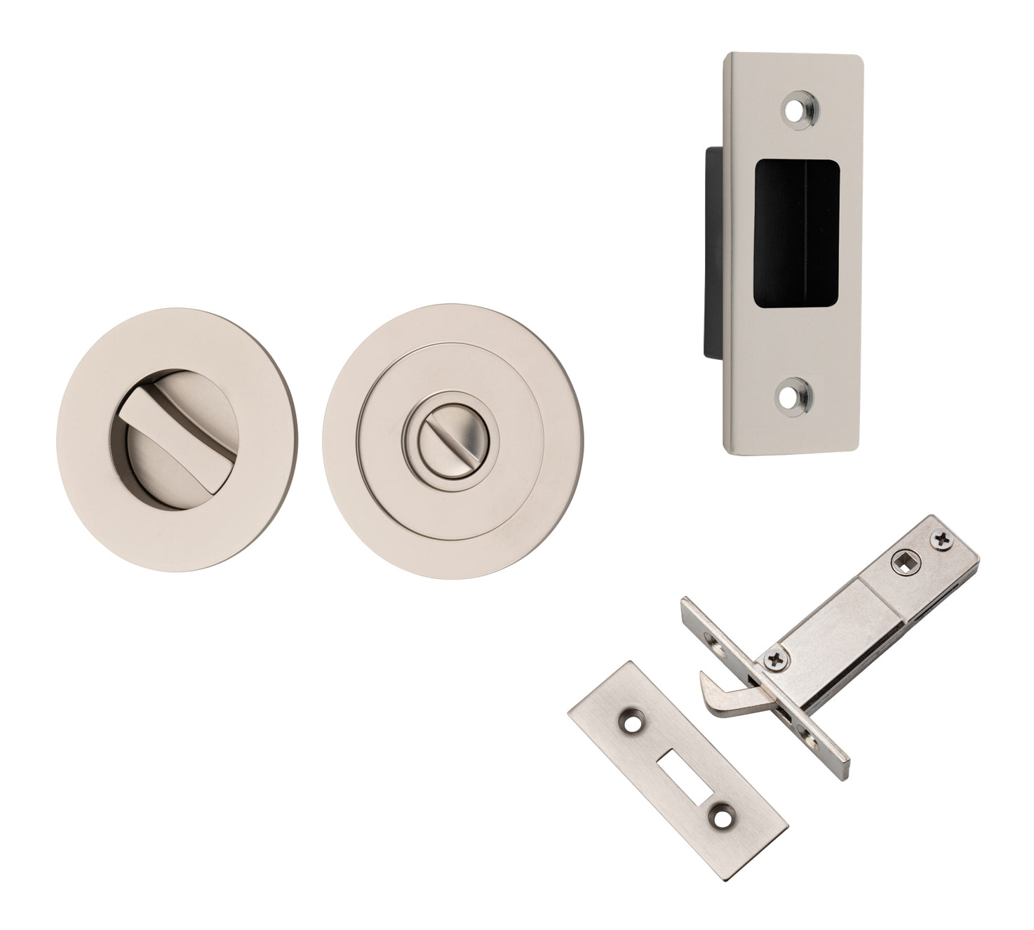 Sliding Door Pull Round Privacy Satin Nickel D60xP2.5mm with Tube Latch Mechanism 60mm Backset, Sliding Door Edge Pull & Tube Latch Keeper Adjustable - SN