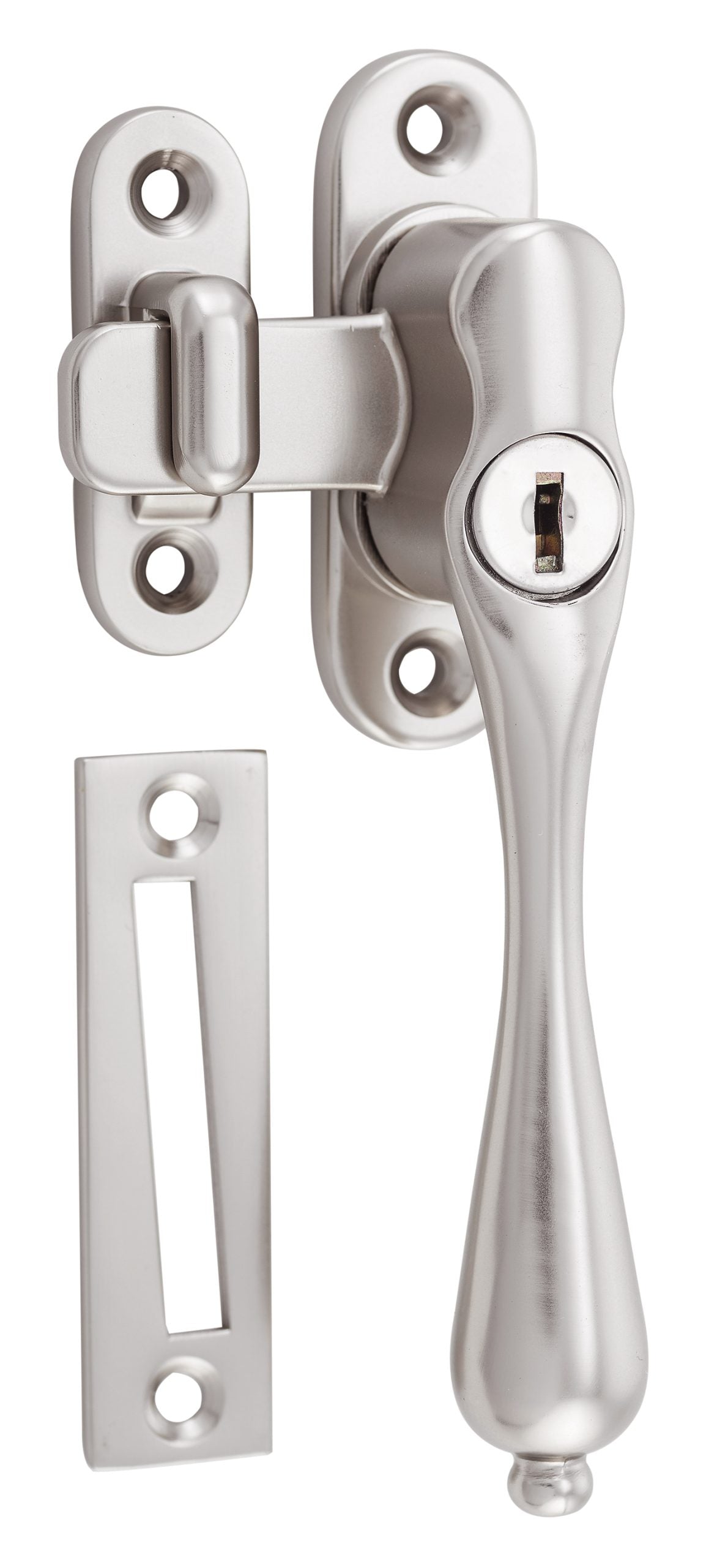 Casement Fastener Locking Teardrop Right Hand Satin Nickel W28xP34mm Drop 115mm